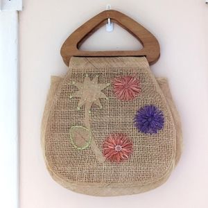 Vintage Straw Woven Bag Flowers Wooden Handle Beach Holiday Summer Woven
